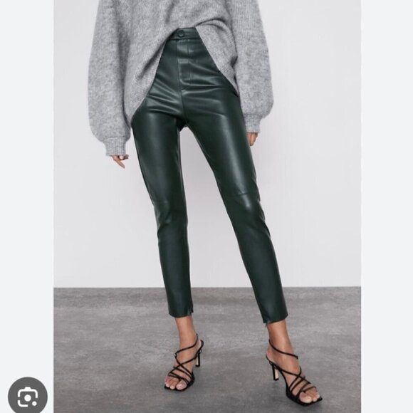 Zara Green Faux Leather High Rise Pants Split Hem Olive Contemporary Size Large - Picture 1 of 12